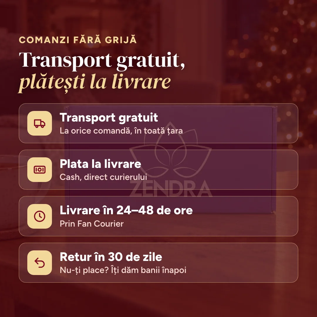 Plata la livrare, livrare în 24-48 de ore, retur în 30 de zile, comandă la telefon