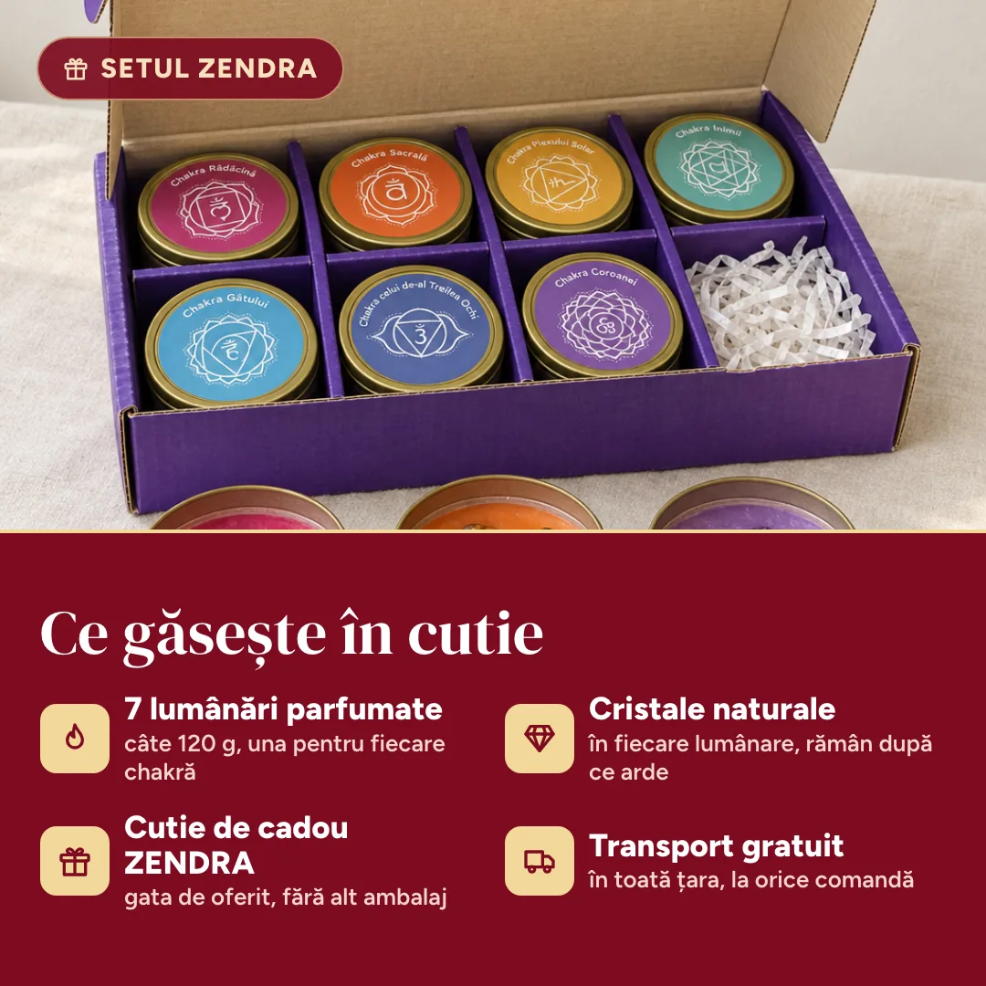 Ce conține setul Zendra: 7 lumânări parfumate de 120 g, cristale naturale și cutie de cadou