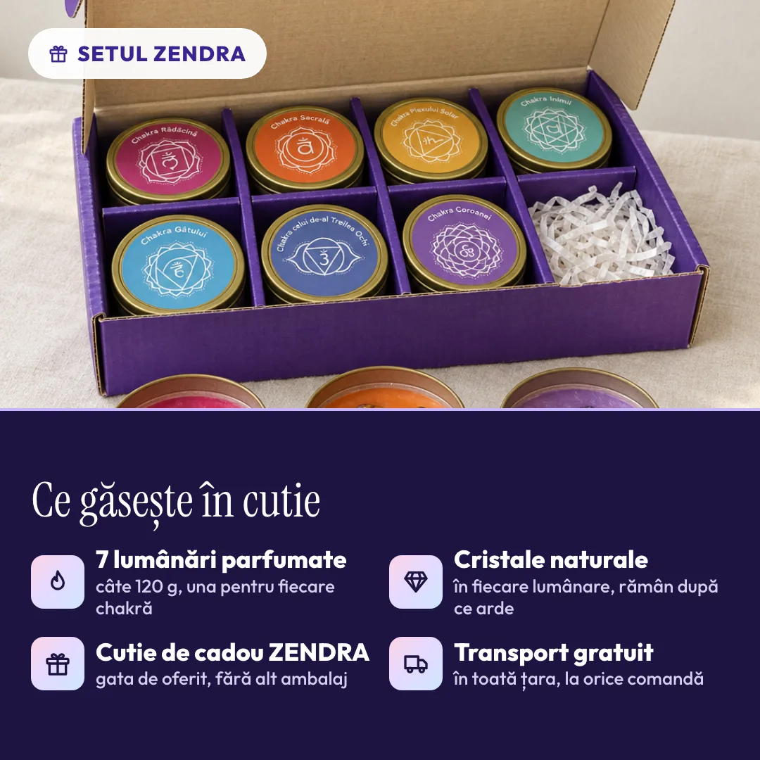 Ce conține setul Zendra: 7 lumânări parfumate, cristale naturale și cutie de cadou
