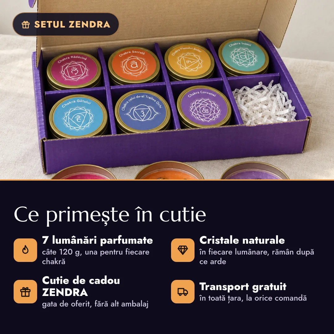 Ce conține setul Zendra: 7 lumânări parfumate, cristale naturale și cutie de cadou