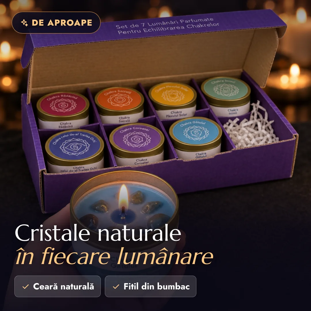 Lumânare albastră aprinsă, cu cristale în ceara topită