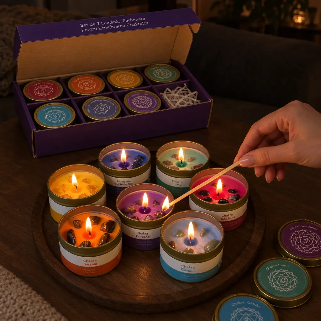 Mână care aprinde o lumânare Zendra violet, cu celelalte lumânări aprinse în jur